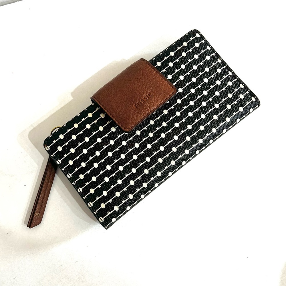 Fossil Black and White Patterned Slim Wallet with Brown Accent